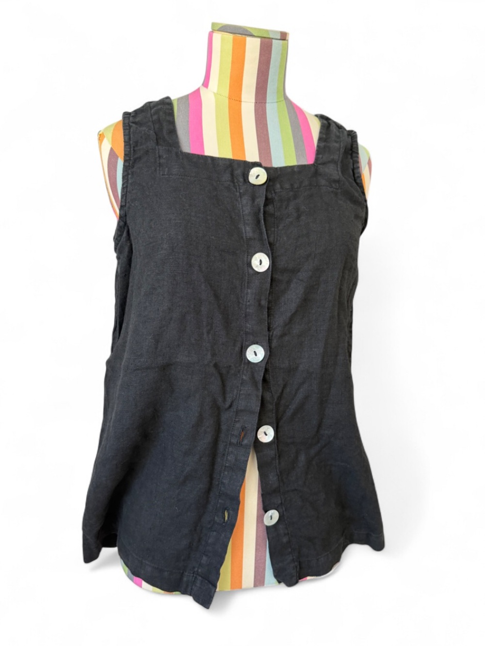 Vintage Via Vai 100% Linen Square Neck Button Blouse Tank Top